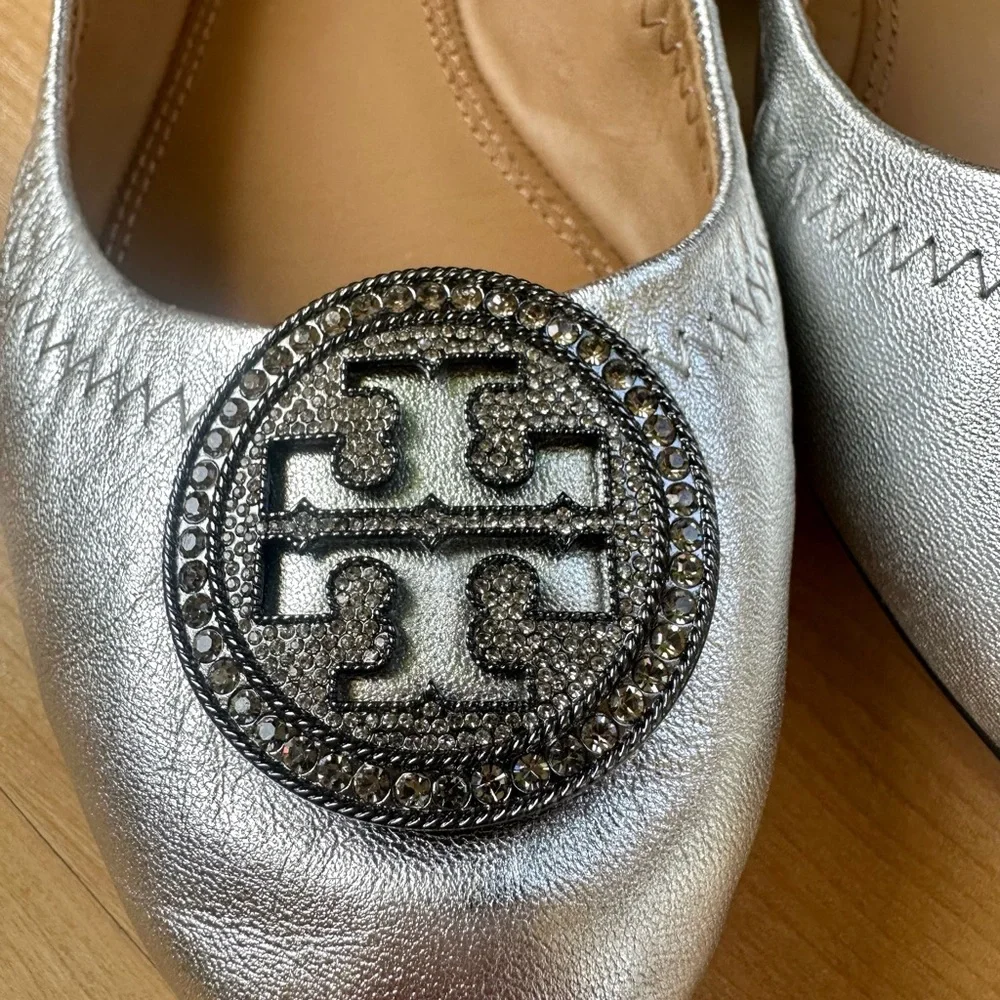 Tory Burch Metallic Silver Logo Round-Toe Ballet Flats